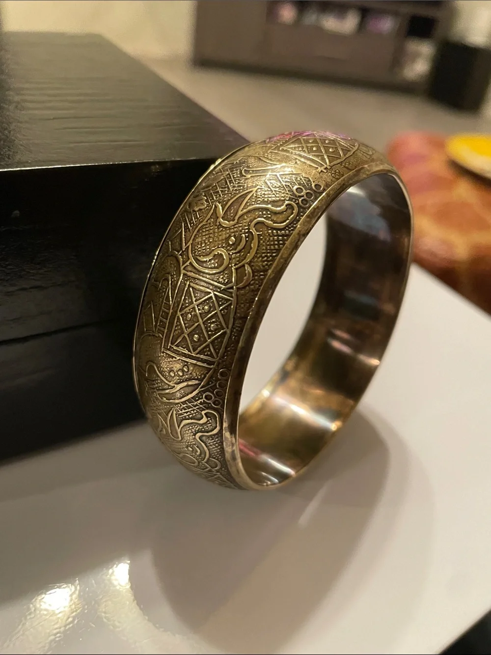 Gold-Tone Engraved Wide Bangle Bracelet - Elegant Women's Jewelry